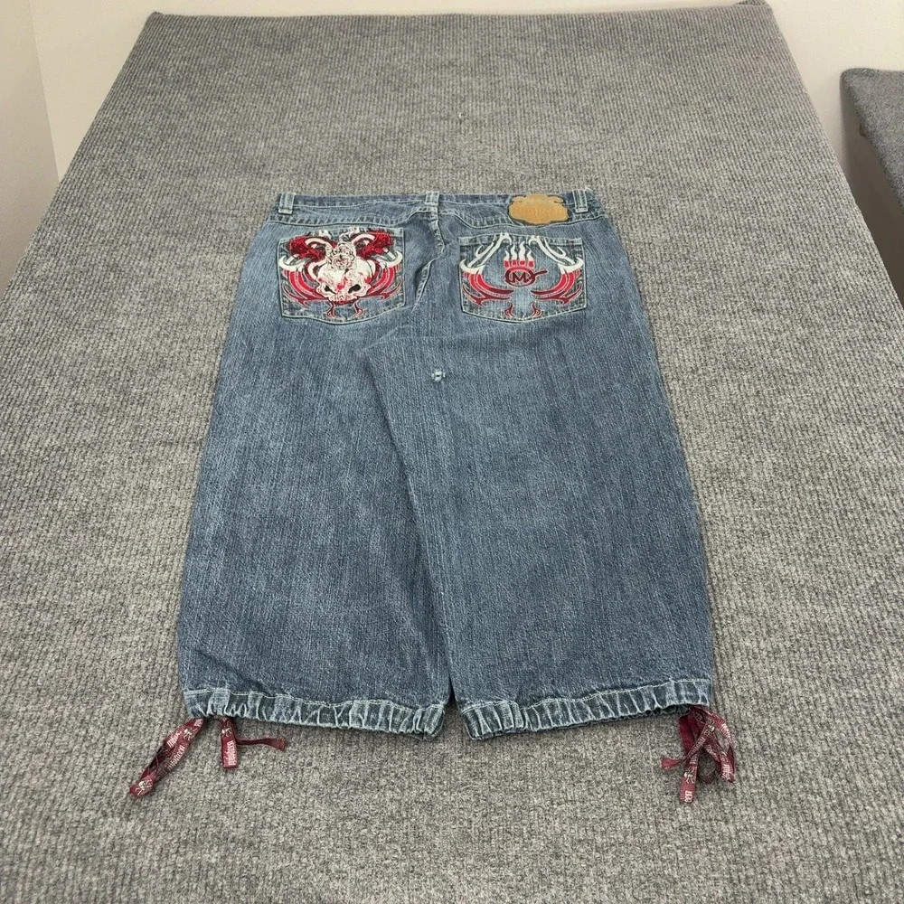 Vintage Miskeen Denim Shorts Men 38 Blue Cotton Baggy Embroidered Y2K Streetwear